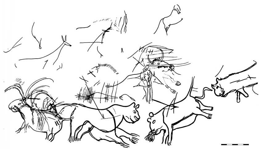 Cave drawing of cave lions and other megafauna