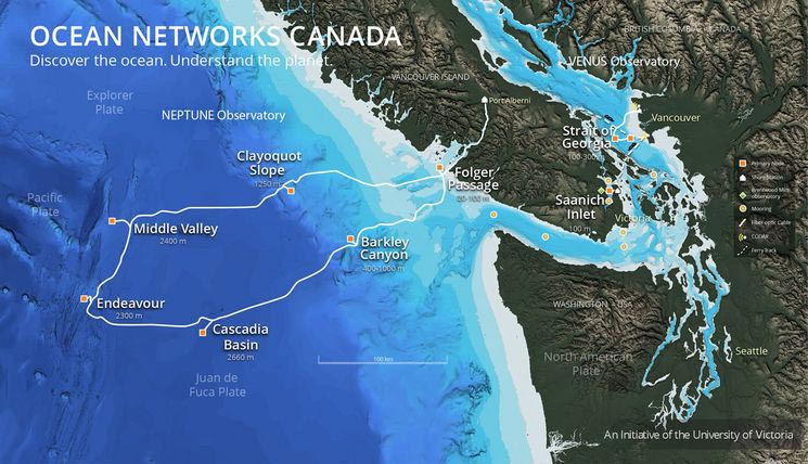 Map showing the ocean networks canada observatory infrastructure
