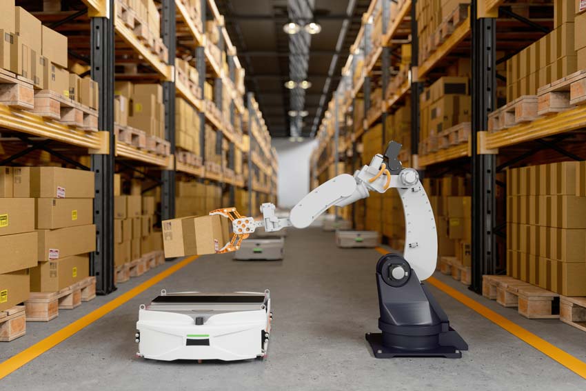 Robot in a warehouse holding a package