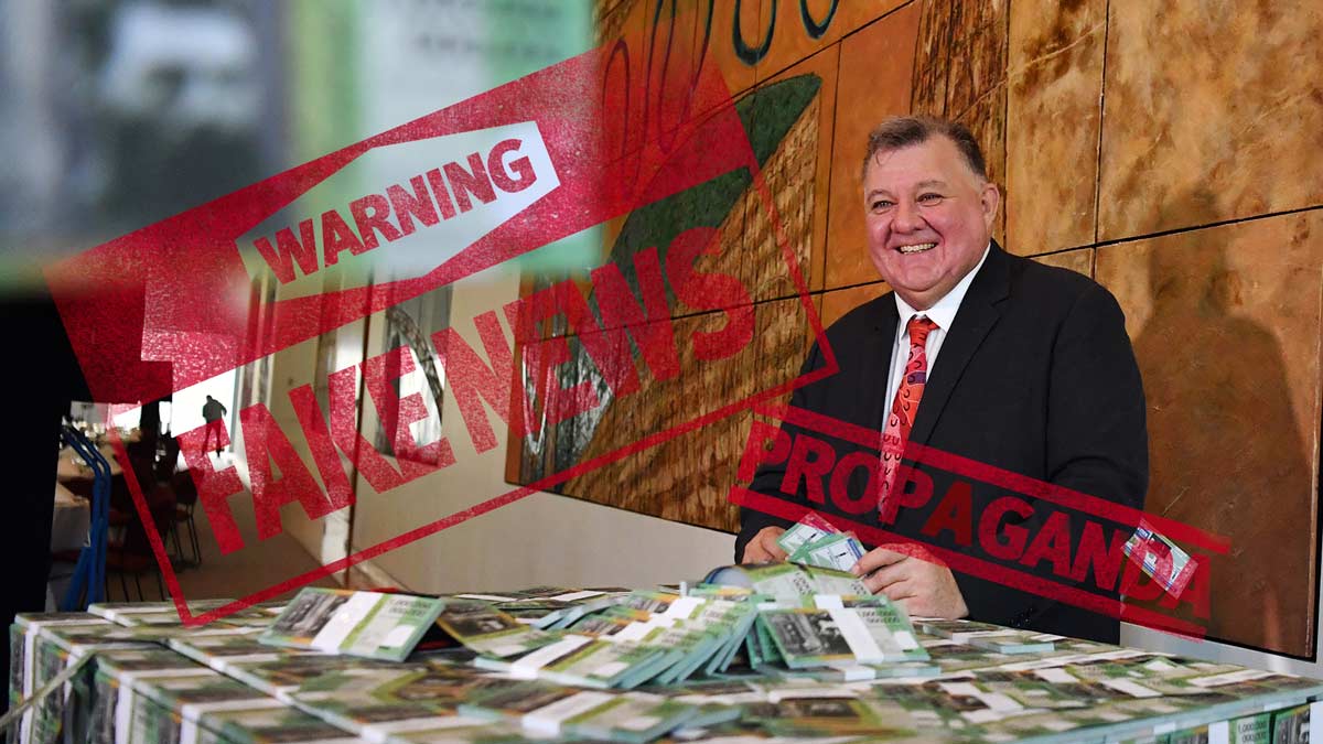 defunding disinformation concept craig kelly with a pile of money stamped with warning fake news and propaganda stamps