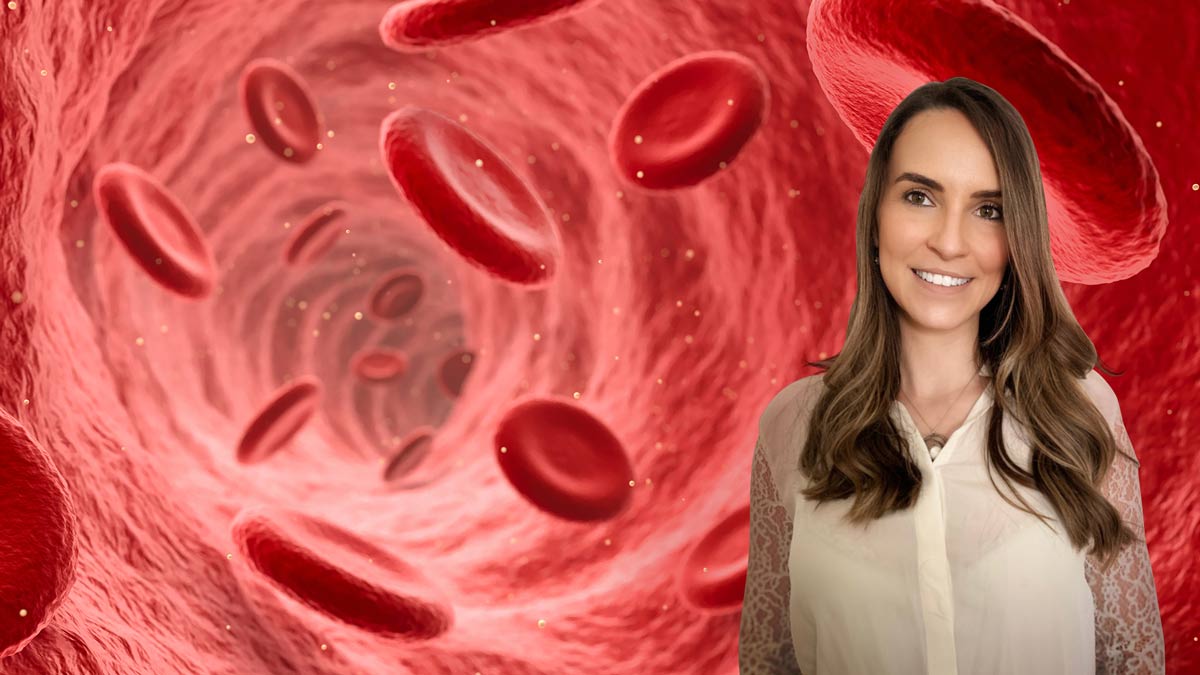 francine marques in front of a background of red blood cells travelling through a blood vessel