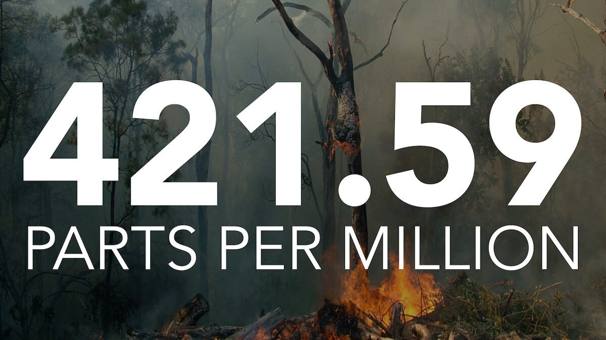 Photo of a bushfire with the words "421.59 parts per million" overlayed.