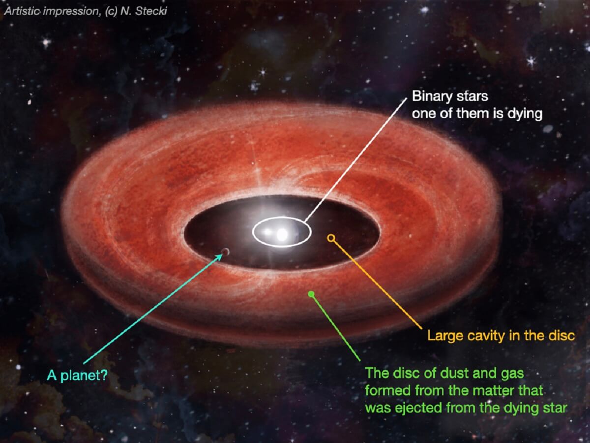Artist's illustration with labelled parts, showing a binary star, a gap, and then a disc of gas and dust