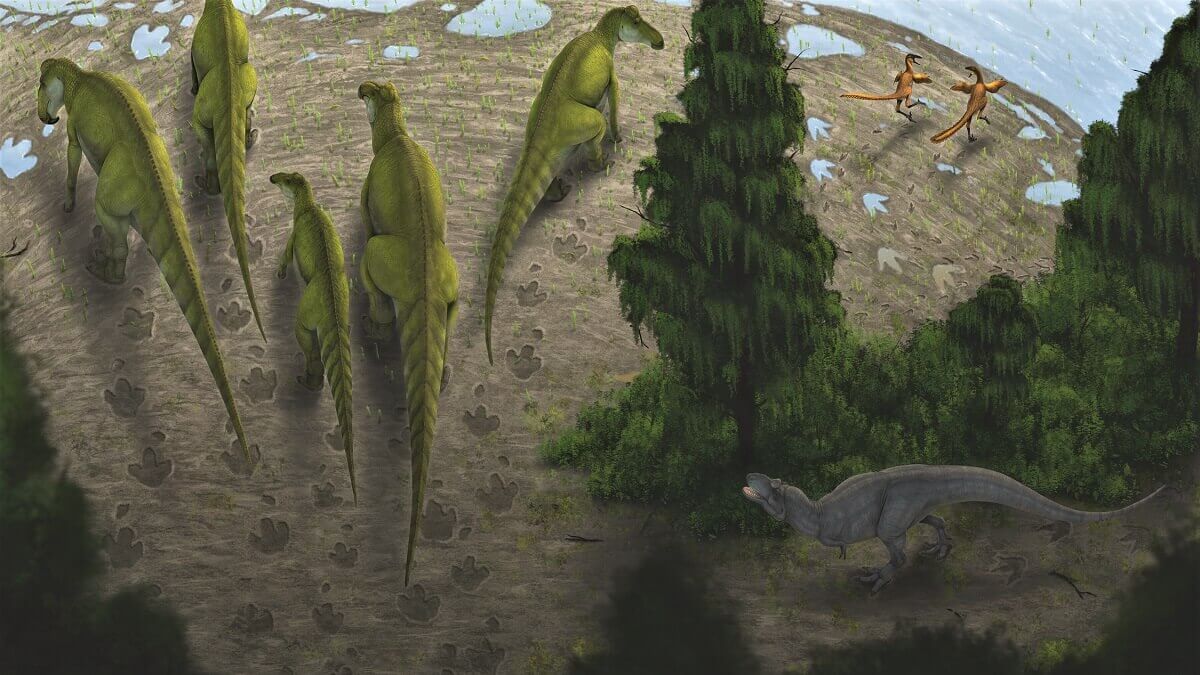 Artist's impression of three types of dinosaurs at a riverbank, leaving footprints