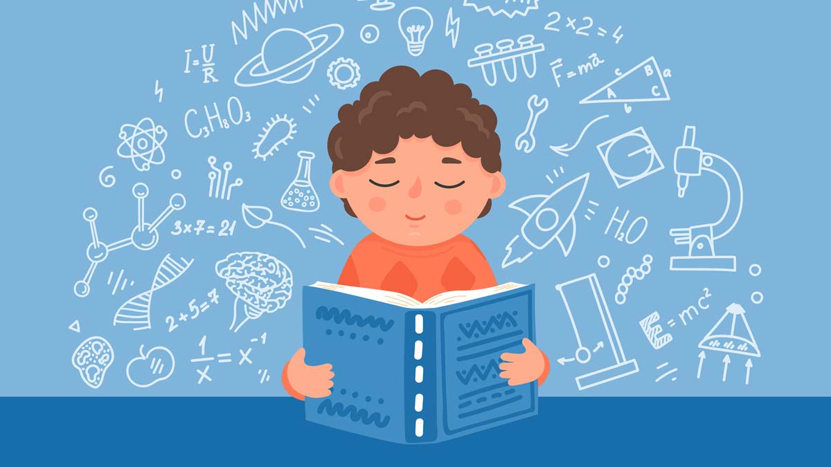 illustration of a young boy reading a book with scientific icons around him