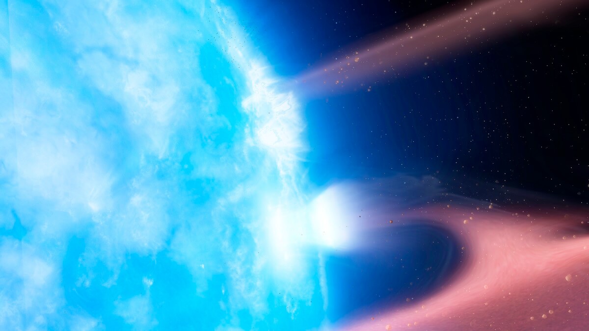 An artist's impression of planetary debris slamming into the surface of a white dwarf star.