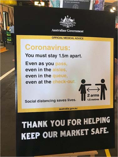 Covid-19 safety advice sign at an indoor food market