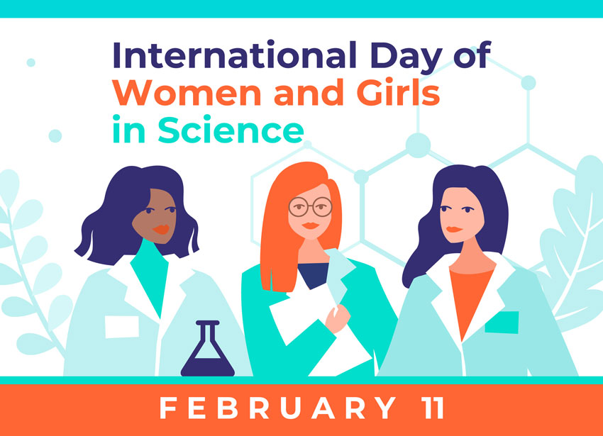 Women in science international day of women and girls in science graphic with three women scientists