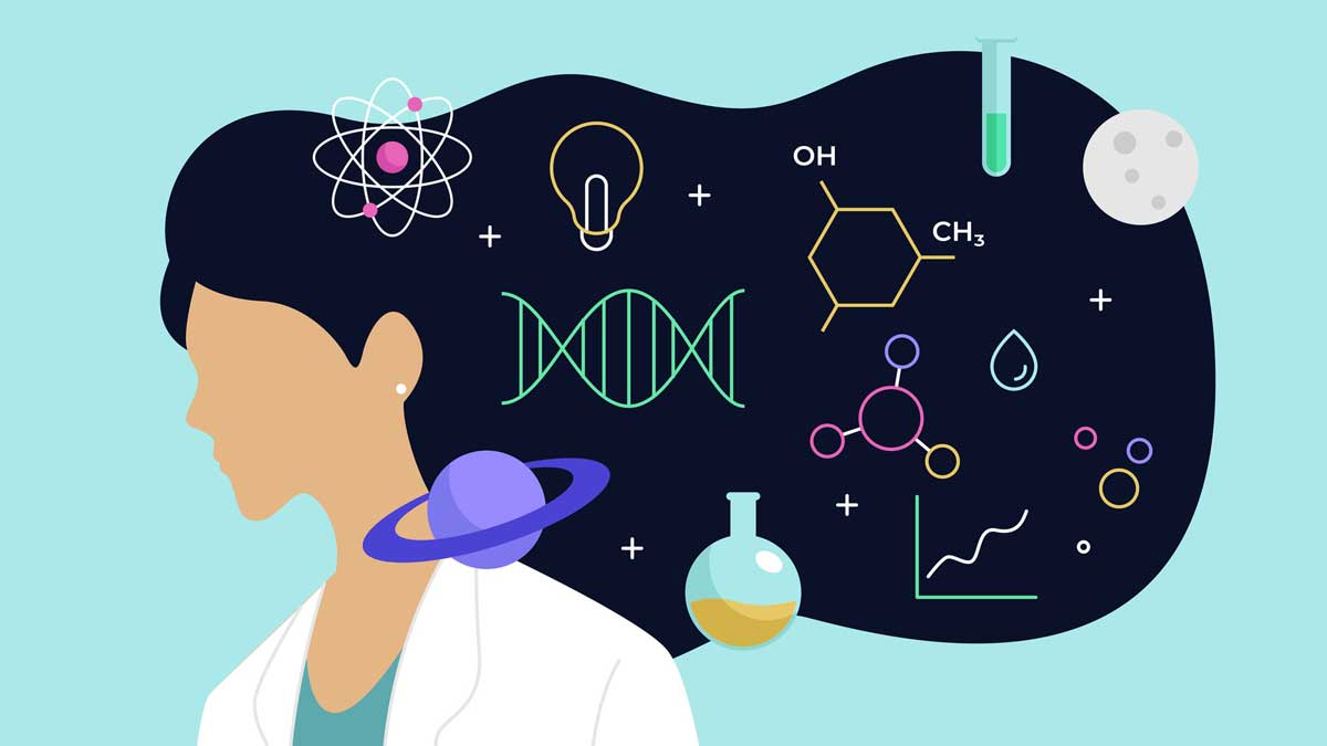 women in science concept illustration of a woman with long hair and various science symbols in her hair such as atoms, DNA, planets, chemical structures
