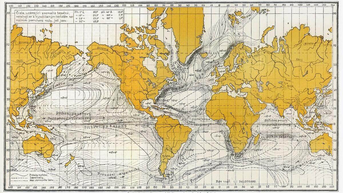 hand drawn map of world with currents drawn on