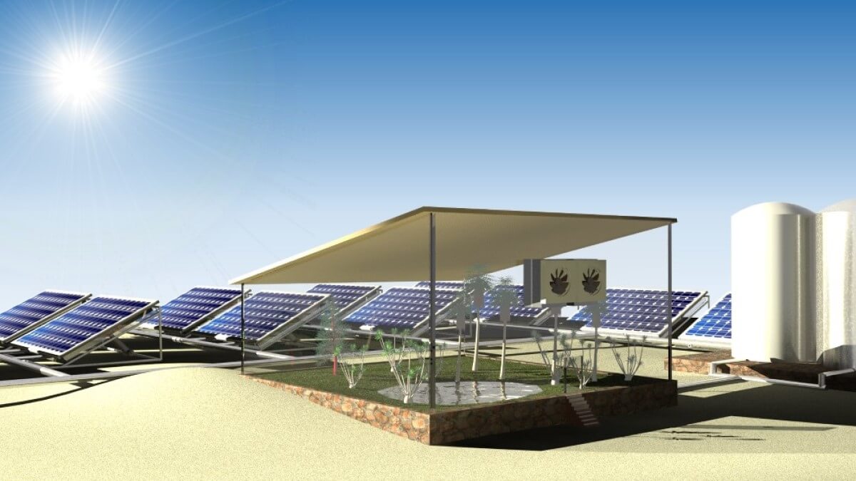 computer-generated image of solar panels in a sunny desert, connected to a water tank and an enclosed glasshouse with fans in the walls
