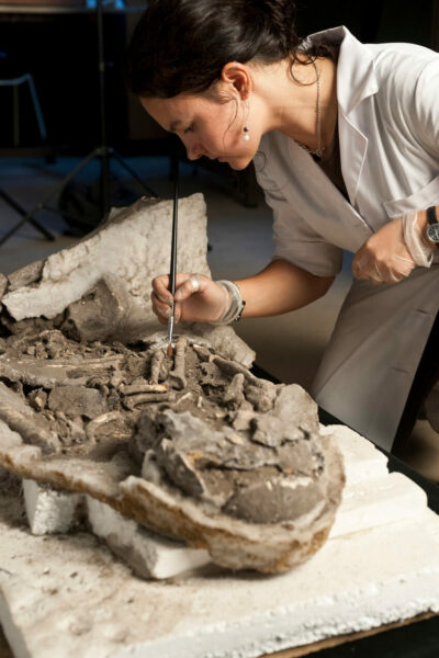 A woman brushes at the remains of a mummy