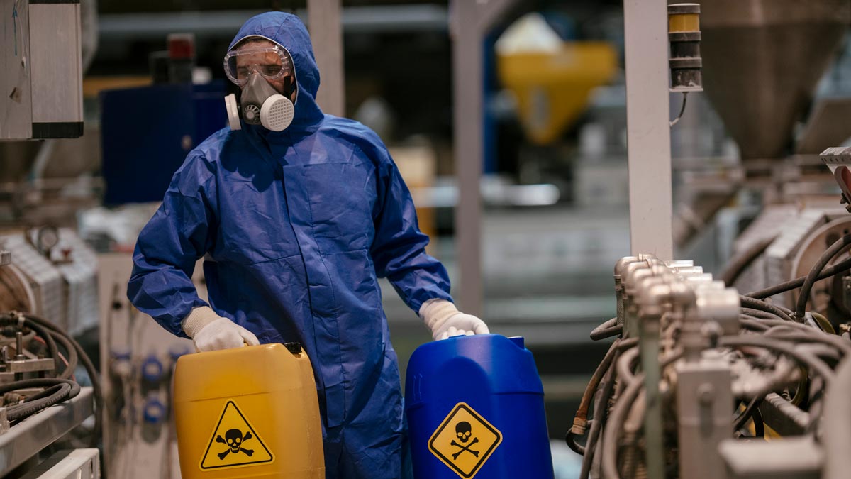 a male worker in a hazmat suit carrying two hazardous waste containers