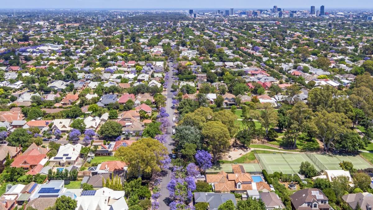 aerail view of adelaide streets showing trees