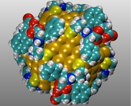 Space-filling molecular model showing lots of gold atoms
