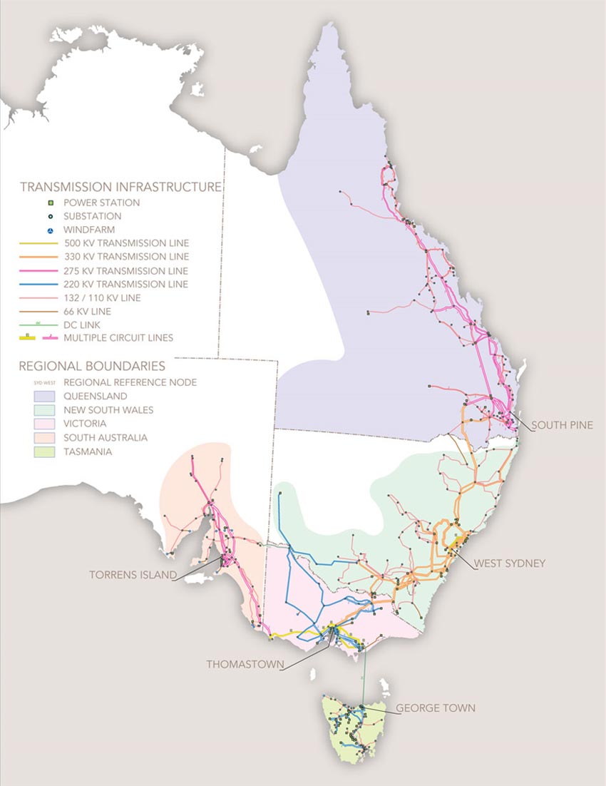 What is the grid concept electricity grid map showing the transmission infrastructure across queensland, new south wales, victoria, tasmania and south australia
