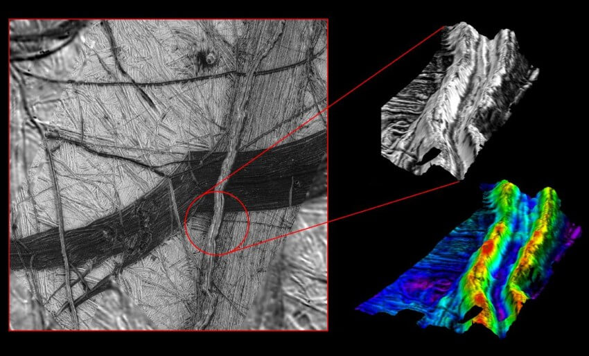 Scientific figure of double ridges on europa on the left a photograph of europa's surface from nasa's galileo spacecraft on the right a black and white and coloured computer-generated 3d perspective model of the ridges