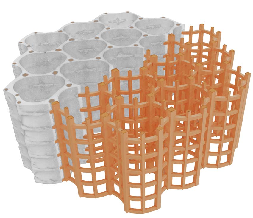 New building material illustration of the 3d printed segmented honeycomb polymer structure and the concrete like building material