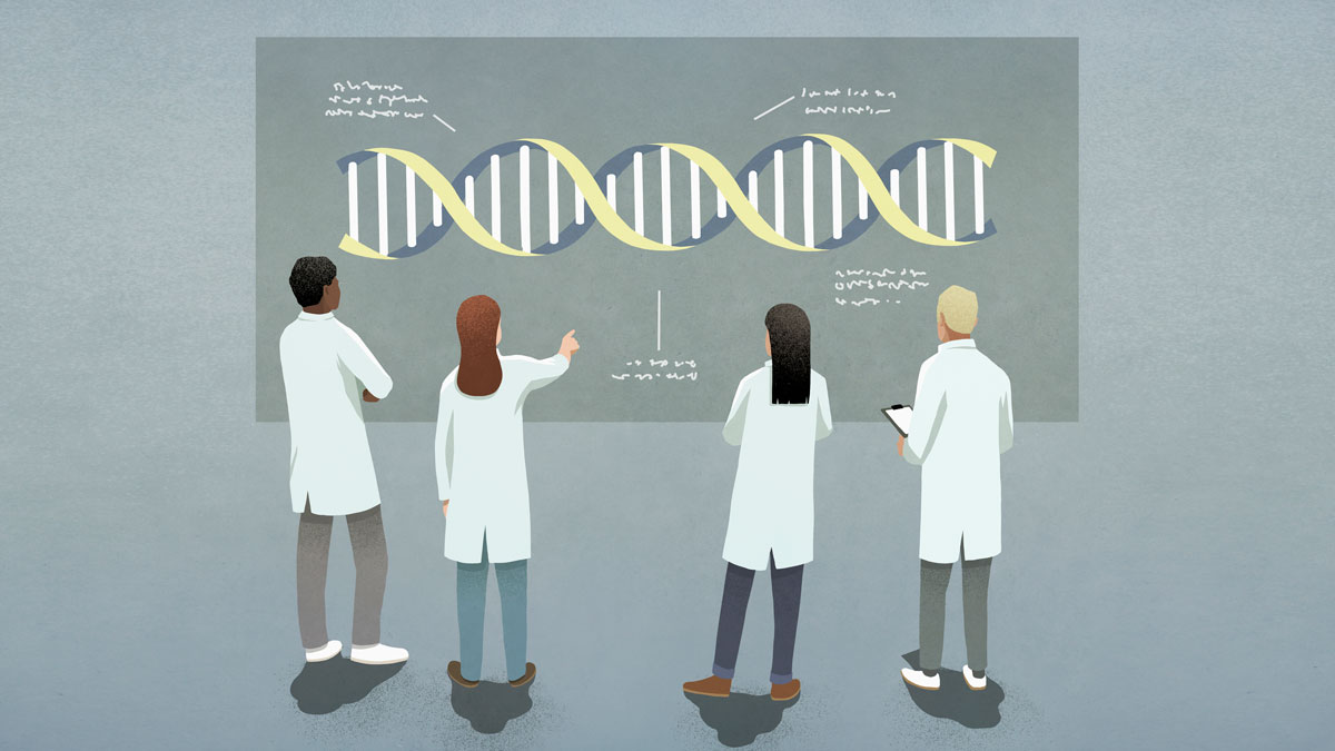 genetic ancestry concept a group of four scientists with different skin and hair colours looking at a large picture of a DNA double helix