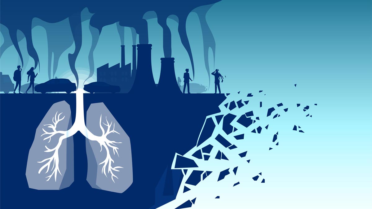 health impacts of climate change concept blue toned illustration showing emissions from cars and factories and the lungs of the earth breaking down as well as people