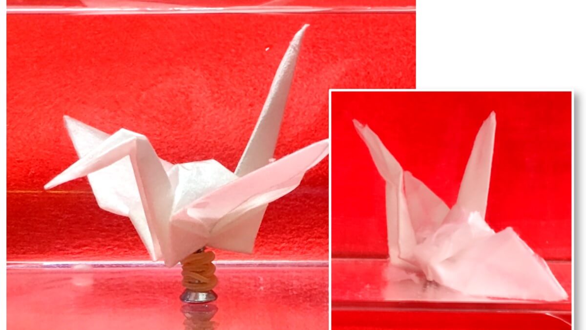 two photos of a paper crane underwater, on the left it has retained its shape, on the right it has crumpled