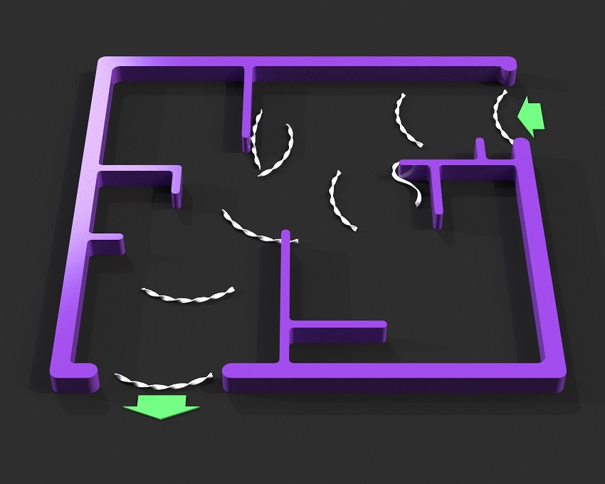 Purple maze with soft robot strip illustrated travelling through, bouncing off walls until it reaches exit