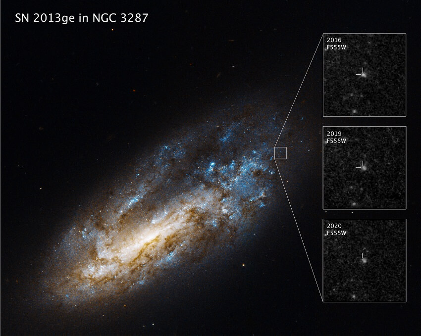 Photo of galaxy with three inserts, labelled 2016, 2019, and 2020, with a faint dot becoming clearer in each panel