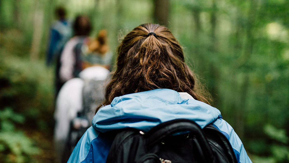 nature and mental wellbeing concept photograph of a group of people hiking in the forest with a closeup on the back of a woman's head