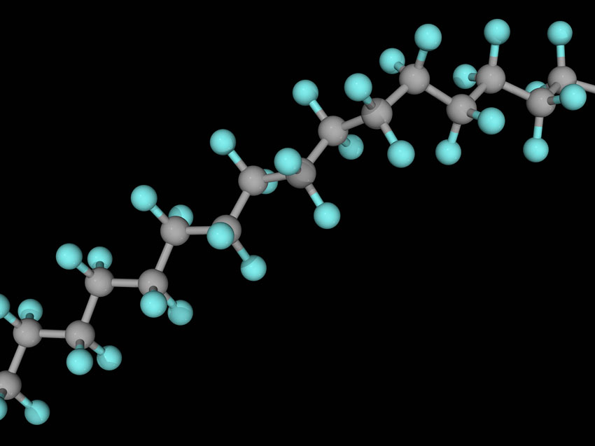 Pfas concept a ball and stick representation of the pfas ptfe with a chain of grey carbon atoms with blue fluorine atoms attached