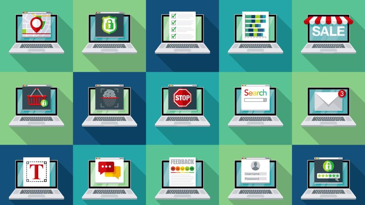 illustration of 15 different computers, representing website cybersecurity