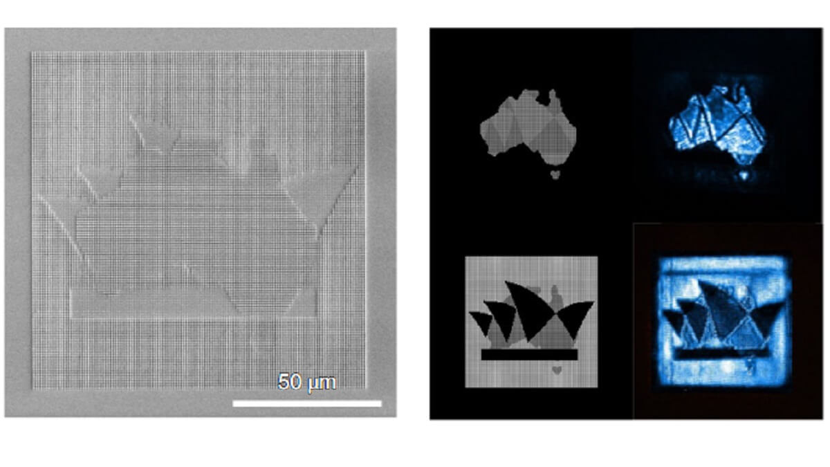 two panels: one is grey with a faint image of australia and the sydney opera house on it next to a 50 micrometre scale bar, the other has images of australia and the sydney opera house individually lit up in blue