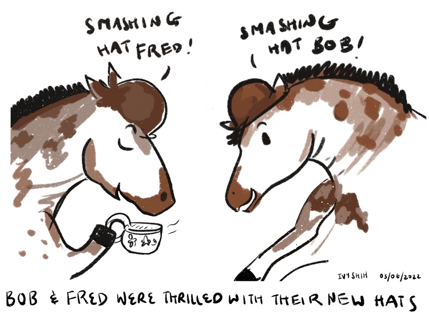 Cartoon of two giraffes wearing bowler hats