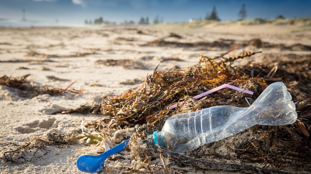 A beach with plastic pollution in the sand
