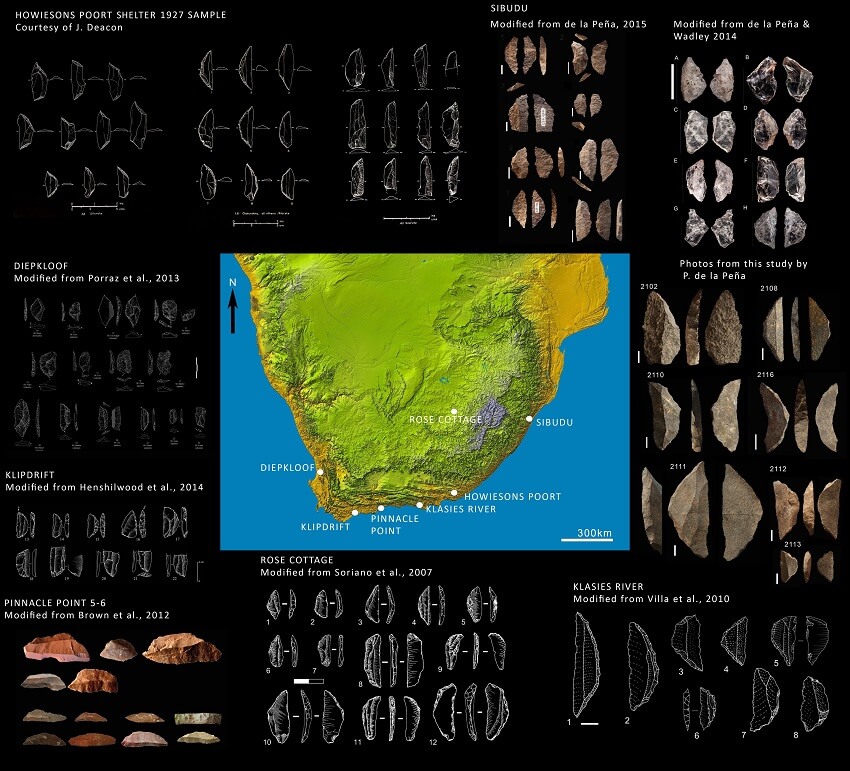 A map of southern africa with archeological sites of early humans and images of backed artefacts.