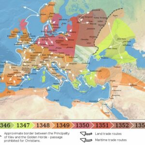 Map shows spread of the black death in north africa and eurasia between the years of 1346-1353