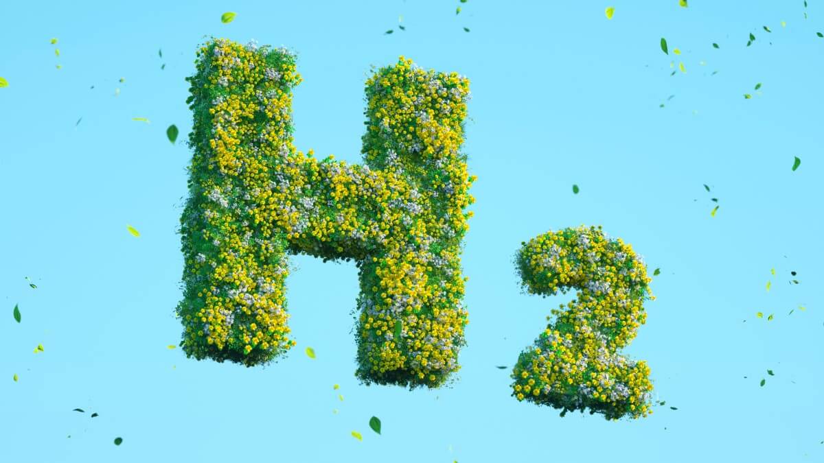 computer-generated image showing hydrogen, H2, made out of flowers