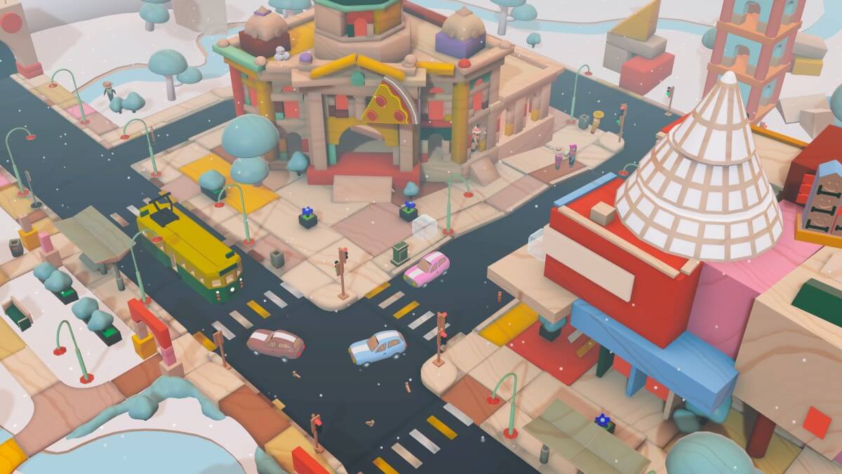 screenshot of video game showing stylised town