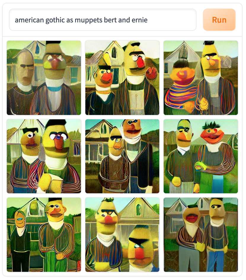 Nine dall-e generated images of a blurry bert and ernie puppets in the american gothic painting