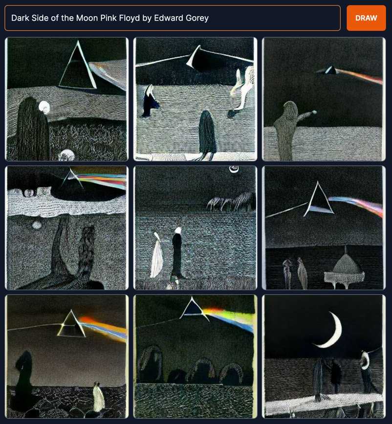 Nine dall-e generated images imaginging pink floyd's dark side of the moon album cover of a triangular prism refracting light as drawn by edward gorey