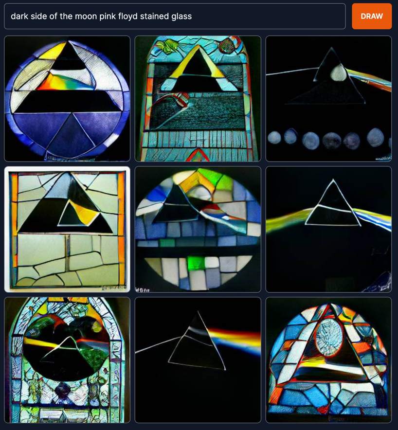 Nine dall-e generated images imaginging pink floyd's dark side of the moon album cover of a triangular prism refracting light as stained glass.