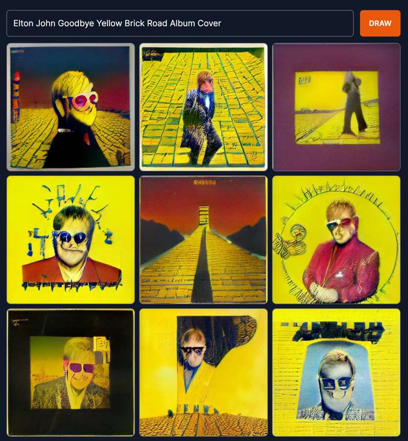 Nine dall-e generated images elton john's yellow brick road album cover