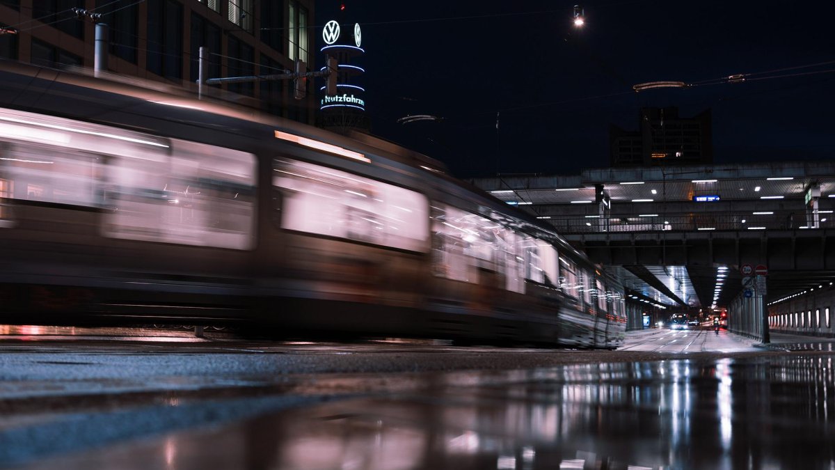 A train at night in a city