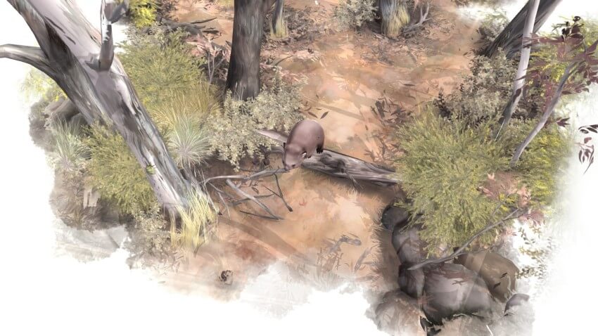 Screenshot of video game showing wombat walking through forest
