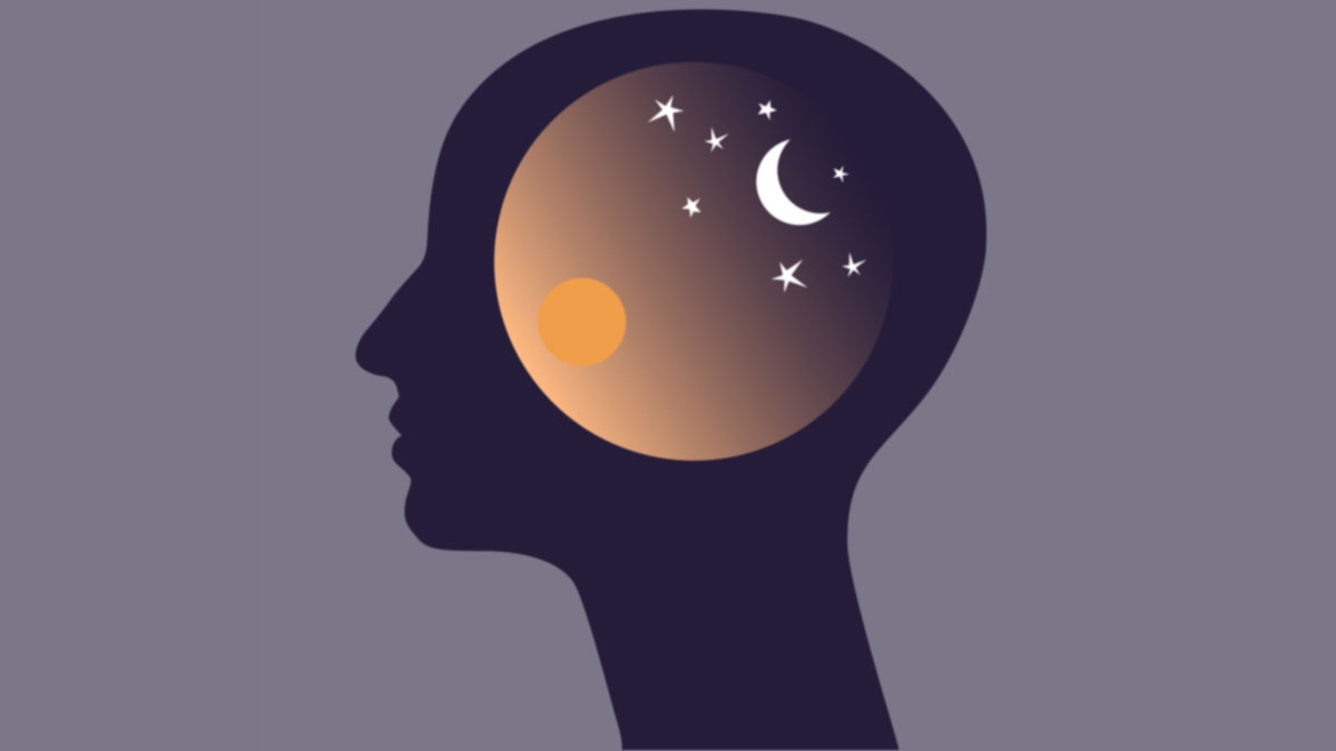 cartoon of person's head with sun and moon inside it, representing coronasomnia