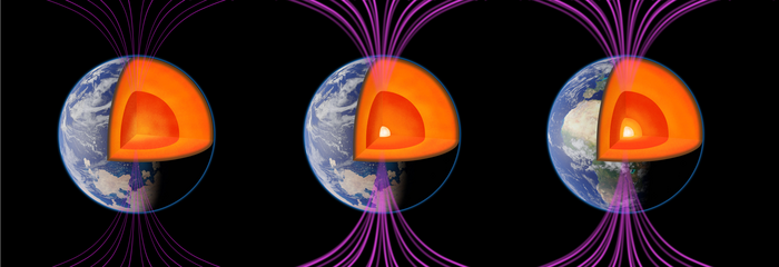 A depiction of earth, first without an inner core; second, with an inner core beginning to grow, around 550 million years ago; third, with an outermost and innermost inner core, around 450 million years ago. University of rochester researchers used paleomagnetism to determine these two key dates in the history of the inner core, which they believe restored the planet’s magnetic field just before the explosion of life on earth