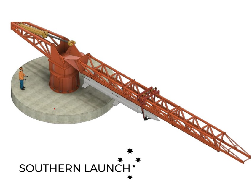 3d computer image labelled 'southern launch', with person standing next to crane-like object holding rocket