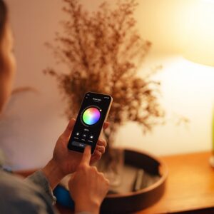 A woman controls the colour of led lights via a smartphone application