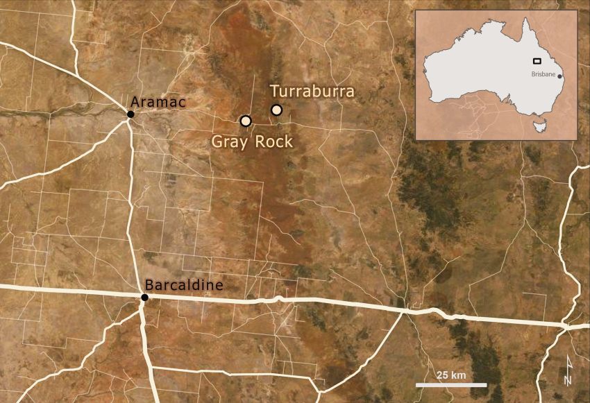 Map showing section of australia northwest of brisbane, barcaldine and aramac higlighted, turraburra and gray rock pointed out roughly 25km west of aramac