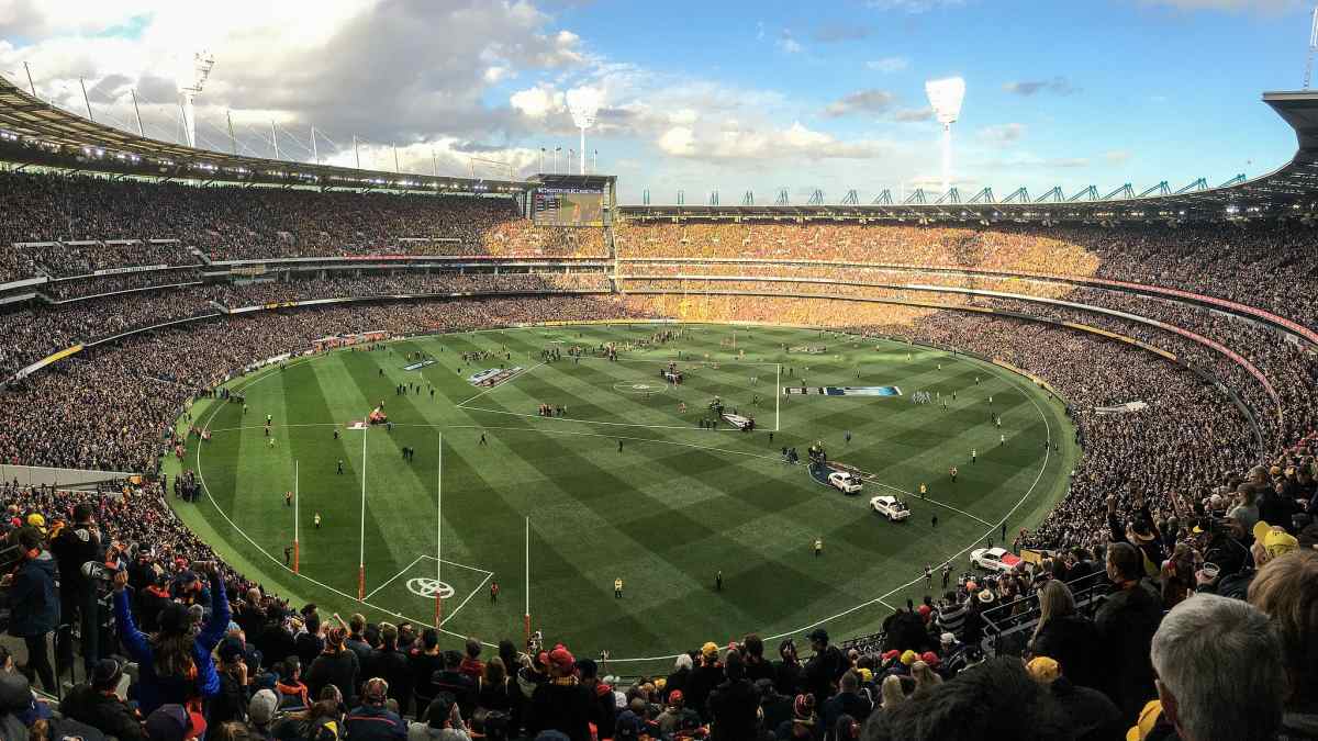 Panorama of the melbourne cricket ground after the final siren of the afl grand final on 30 september 2017 in melbourne, victoria