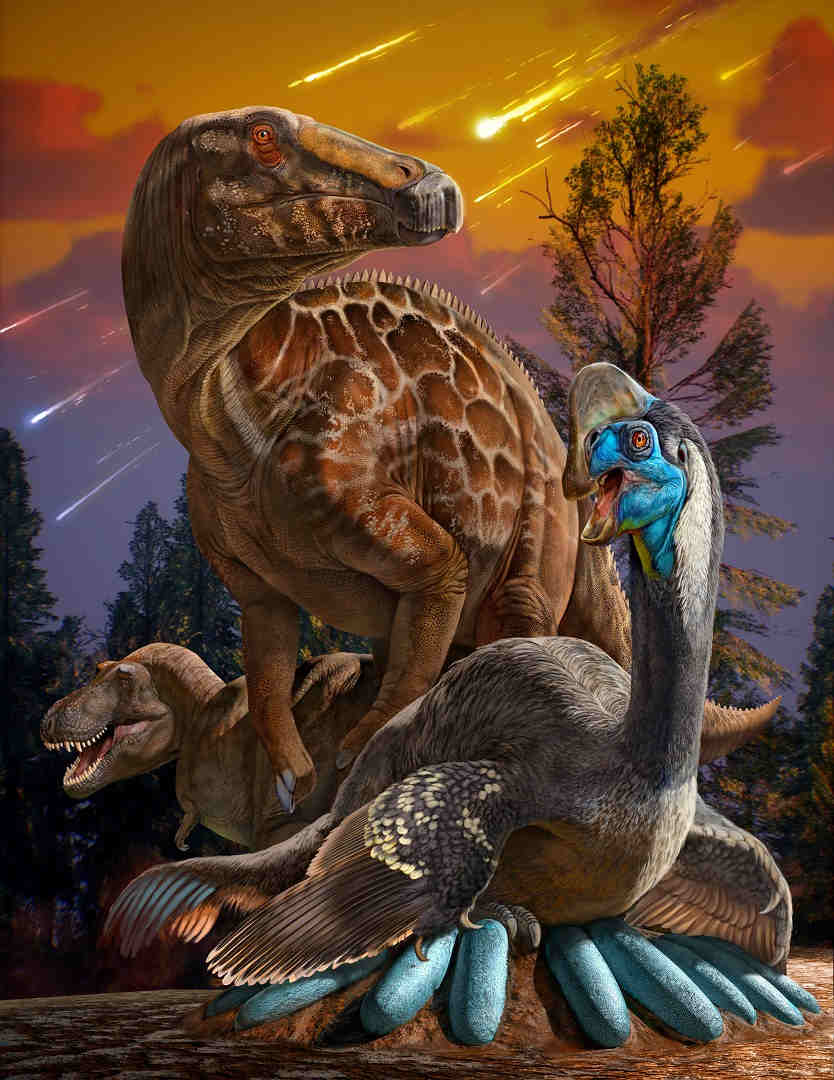 Tyrannosaurid-oviraptorid-hadrosaurid-artist-depiction-during-late-cretaceous-with-meteor-shower-in-background